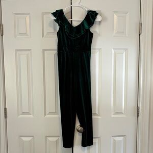 Zunie Emerald Green Velvet Ruffle-Trim Jumpsuit